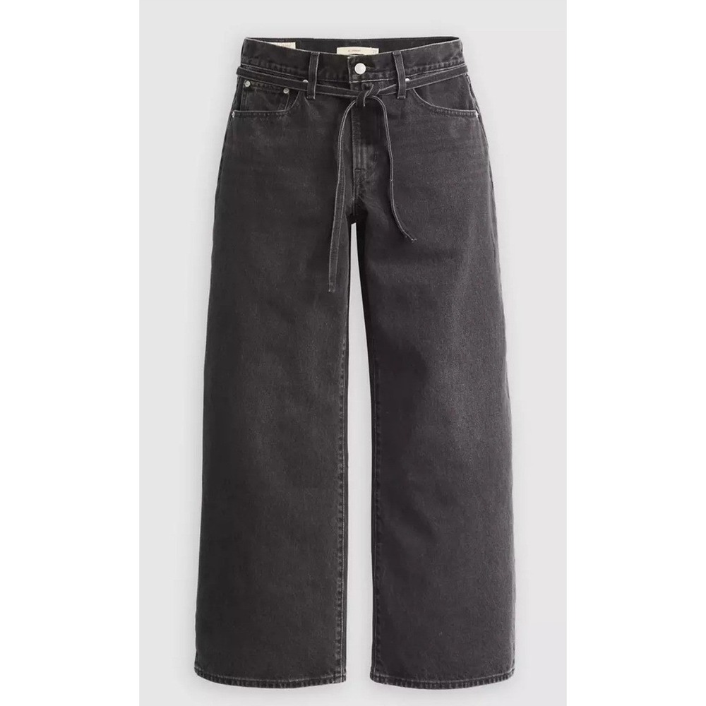 Levis XL Baggy Straight Jeans Women 29 Black Premium High Rise Tie Waist Skater